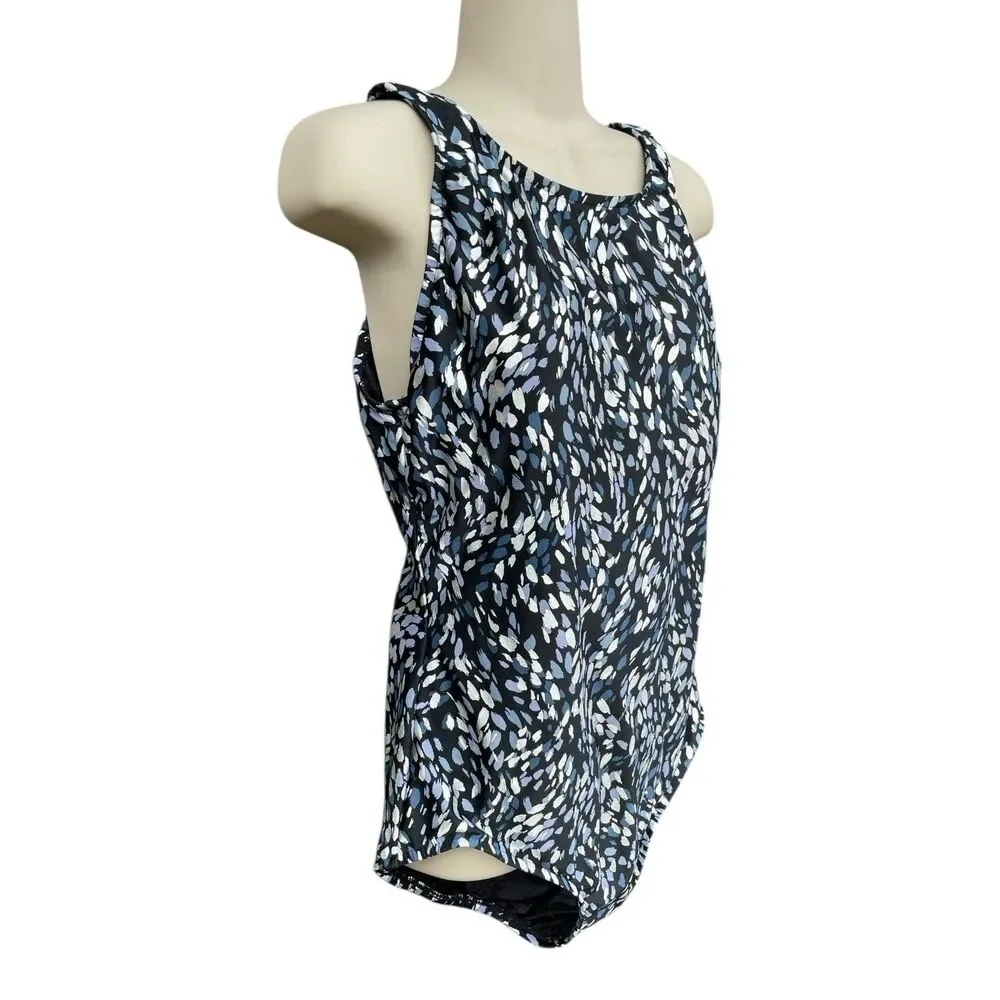 One Piece Swimsuit Sz 14 High Neck Tummy Control Shimmer Print Black Blue Resort